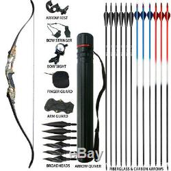Archery Recurve Bows Set 35lbs Hunting Target Takedown 56 & Fiberglass Arrows
